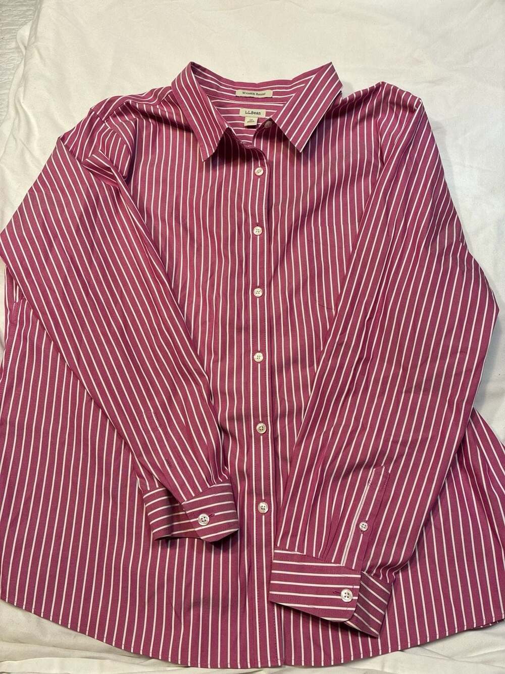 L.L.Bean Women's Wrinkle-Resist Pink Striped 100% Cotton Long Sleeve Button-Up S